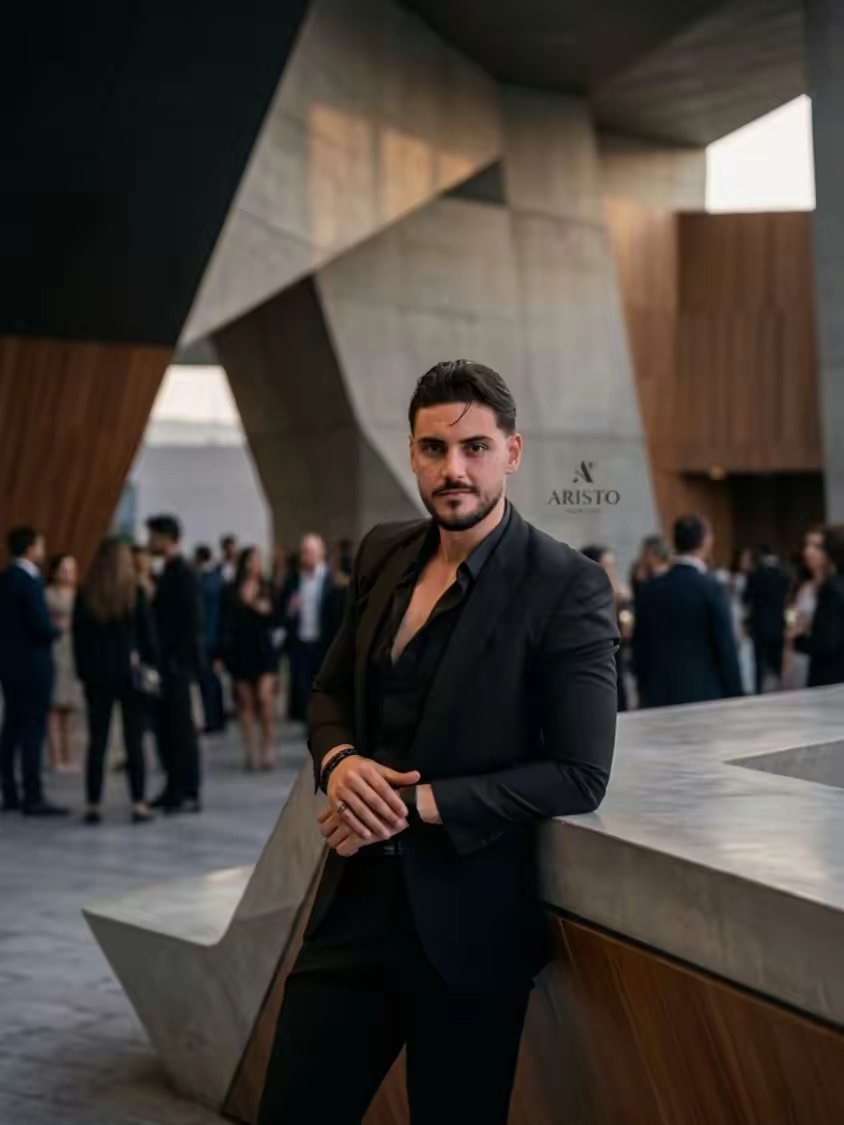 Mahmoud Ashri at an evening industry event, guests gathered behind him